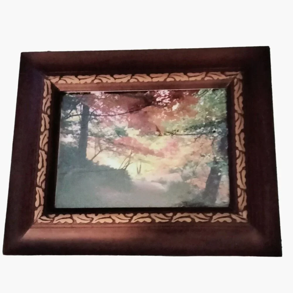 Autumn Pathway Photo Art Print Vintage Wooden Picture Frame Fall Foliage Leaf Co